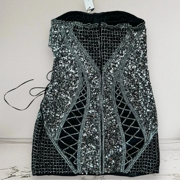 NEW NASTY GAL Bandeau Sequin Lace Up Cut Out Mini Dress Size 8 - Picture 6 of 12